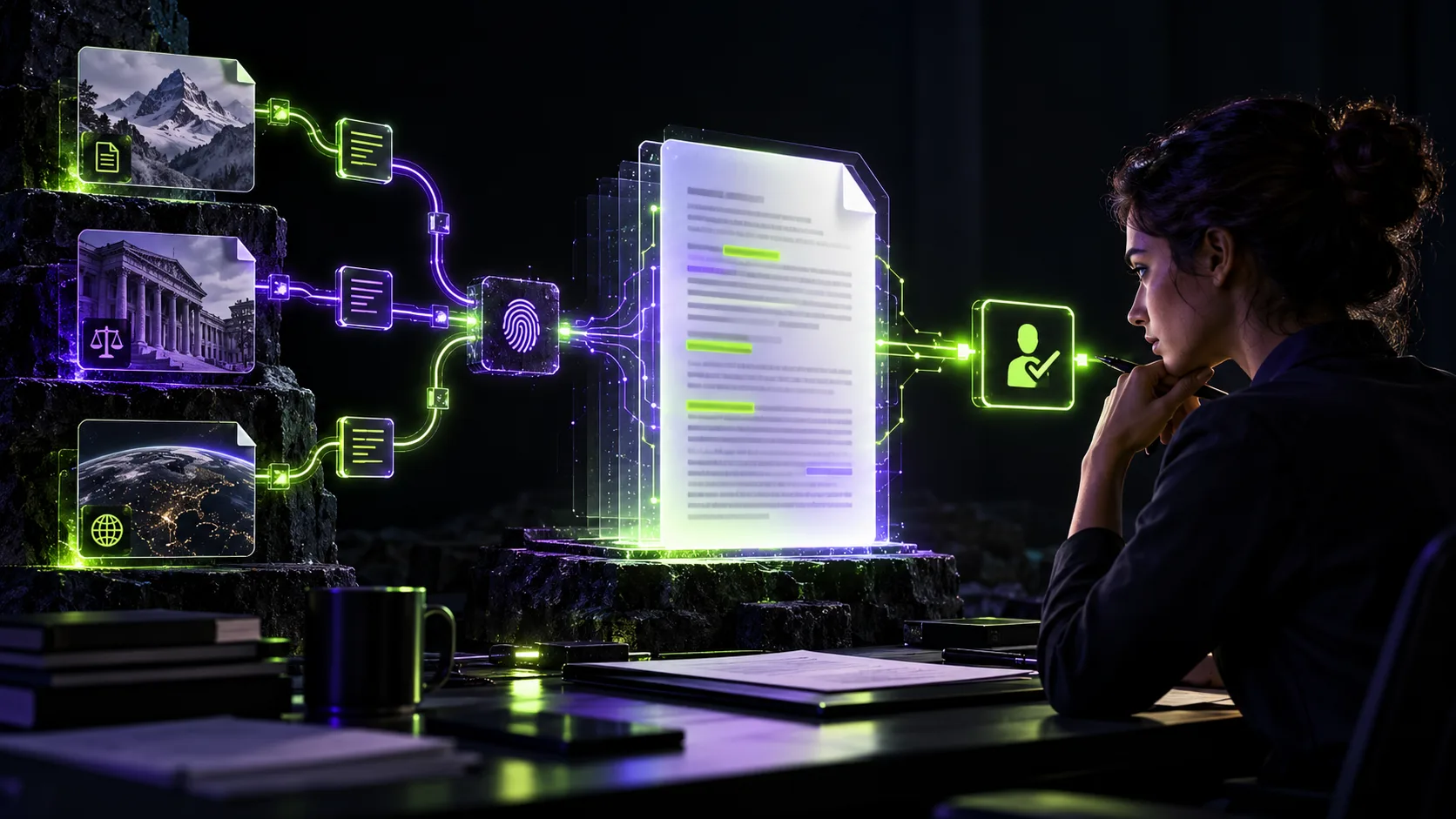 A human editor reviews a luminous draft connected to three source records, a fingerprint, and a separate approval gate.