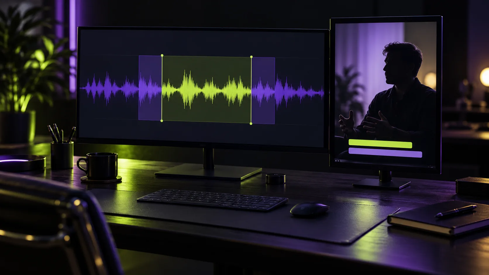 Conceptual editing desk with a source waveform, a highlighted clip selection, and a vertical preview for checking context.